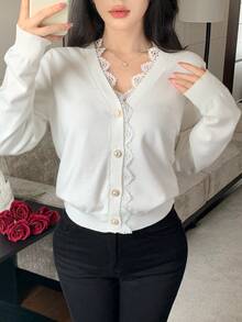 Modelyn Women's Solid Color Contrast Lace Single-Breasted Long Sleeve Knit Cardigan - White - View 1