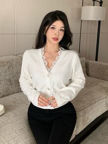 Modelyn Women's Solid Color Contrast Lace Single-Breasted Long Sleeve Knit Cardigan - White - View 5