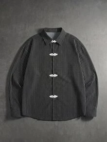 Manfinity EMRG 男士條紋休閒百搭日常穿著長袖襯衫 - 黑色 - 查看 1