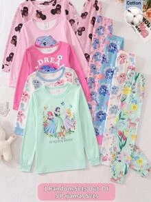 SHEIN 少女優雅公主款兒童圖案長袖長褲針織睡衣套裝，修身貼身，適合秋冬/四季穿著 - 彩色 - 查看 7