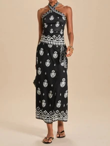 Travachic Women's Floral Print Halter Top And Skirt Casual 2-Piece Set - Black - View 4