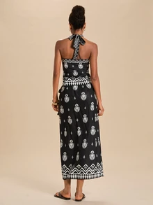 Travachic Women's Floral Print Halter Top And Skirt Casual 2-Piece Set - Black - View 3