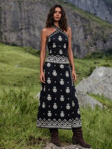 Travachic Women's Floral Print Halter Top And Skirt Casual 2-Piece Set - Black - View 10