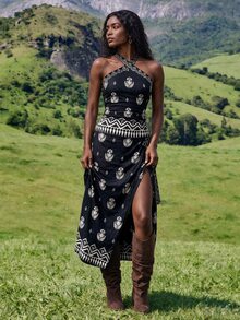 Travachic Women's Floral Print Halter Top And Skirt Casual 2-Piece Set - Black - View 9