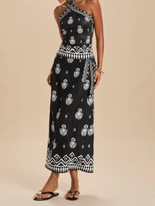 Travachic Women's Floral Print Halter Top And Skirt Casual 2-Piece Set - Black - View 7