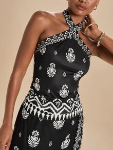 Travachic Women's Floral Print Halter Top And Skirt Casual 2-Piece Set - Black - View 6