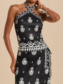 Travachic Women's Floral Print Halter Top And Skirt Casual 2-Piece Set - Black - View 8