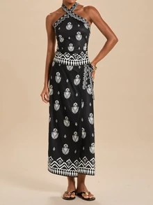 Travachic Women's Floral Print Halter Top And Skirt Casual 2-Piece Set - Black - View 5
