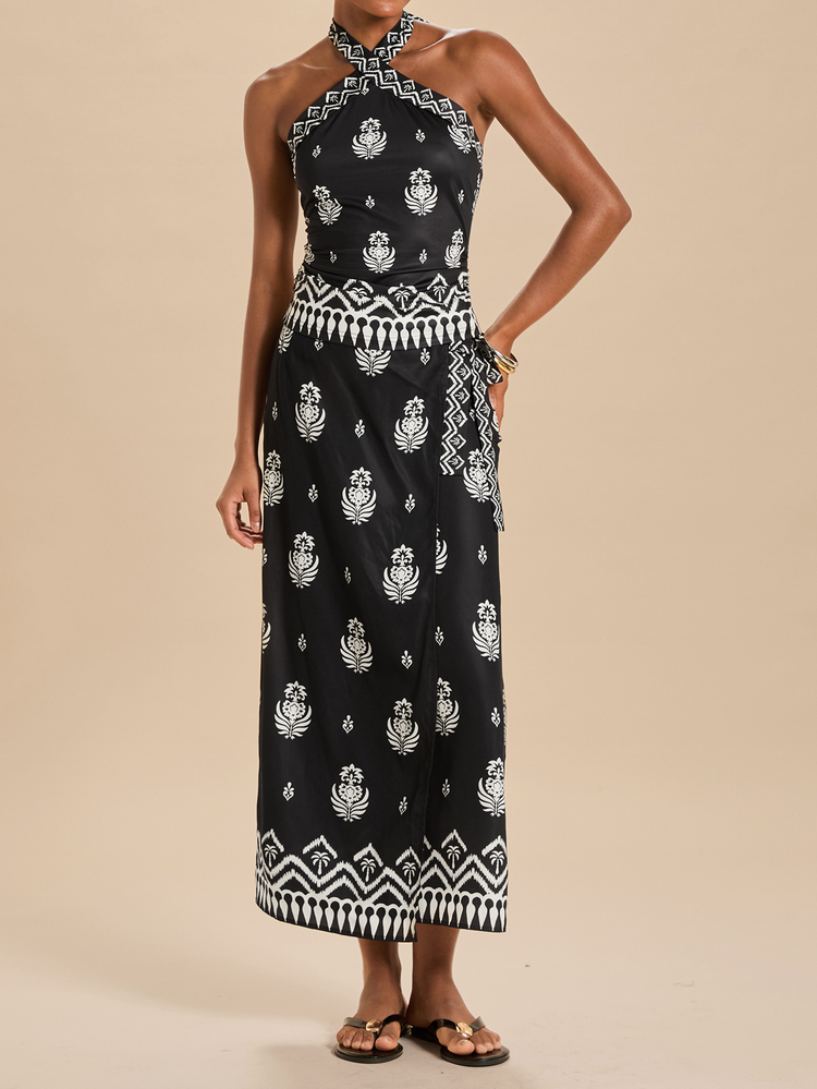 SHEIN x IZA Travachic 女款花卉印花掛脖上衣與裙子休閒兩件套 - 黑色 - 查看 5