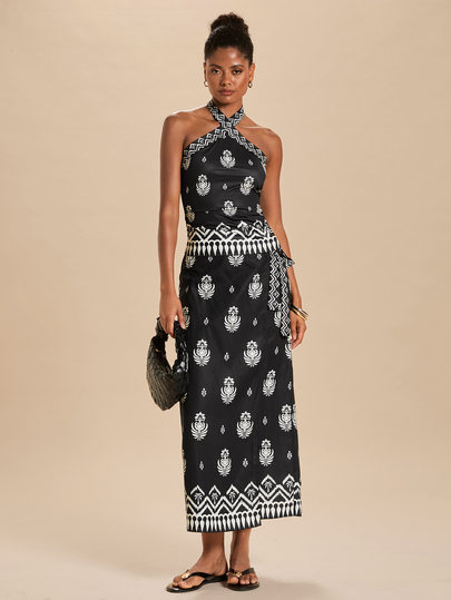 Travachic Women's Floral Print Halter Top And Skirt Casual 2-Piece Set