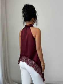 SHEIN Elenzya Women's Solid Color Contrast Lace Elegant Halter Neck Blouse - Burgundy - View 2