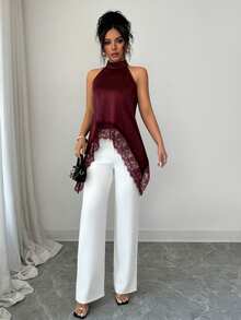 SHEIN Elenzya Women's Solid Color Contrast Lace Elegant Halter Neck Blouse - Burgundy - View 6