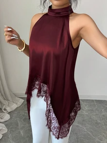 SHEIN Elenzya Women's Solid Color Contrast Lace Elegant Halter Neck Blouse - Burgundy - View 3
