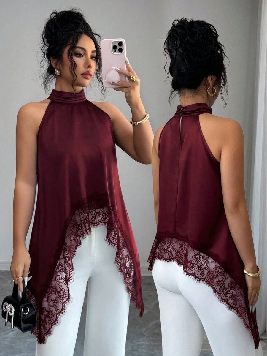 SHEIN Elenzya Women's Solid Color Contrast Lace Elegant Halter Neck Blouse - Burgundy - View 1