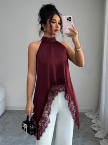 SHEIN Elenzya Women's Solid Color Contrast Lace Elegant Halter Neck Blouse - Burgundy - View 7