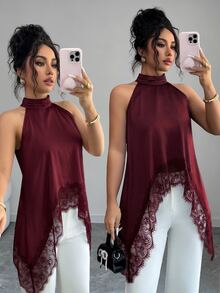 SHEIN Elenzya Women's Solid Color Contrast Lace Elegant Halter Neck Blouse - Burgundy - View 8