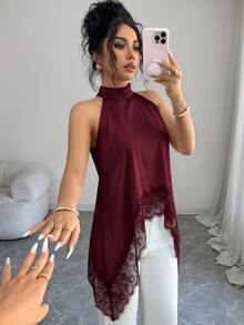 SHEIN Elenzya Women's Solid Color Contrast Lace Elegant Halter Neck Blouse - Burgundy - View 4