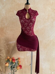 Soleia Floral Lace Keyhole Neck Draped Side Bodycon Mini Dress - Red - View 1