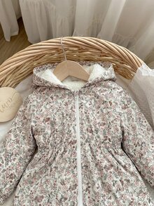 SHEIN Baby Girl Autumn/Winter Versatile Casual Ditsy Floral Thermal Lined Hooded Jacket - Apricot - View 4