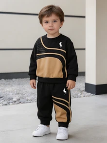 2pcs Baby Boys Sweatshirt Sets Casual Black Brown Colorblock Graphic Print Long Sleeve Crew Neck Fleece Winter Fall Back To School - Multicolor - View 5