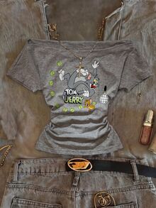TOM & JERRY X SHEIN SHEIN EZwear 女款抓皺腰方領修身卡通印花T恤，適合夏季街頭穿搭與度假 - 淺灰色 - 查看 6