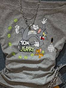 TOM & JERRY X SHEIN SHEIN EZwear 女款抓皺腰方領修身卡通印花T恤，適合夏季街頭穿搭與度假 - 淺灰色 - 查看 4