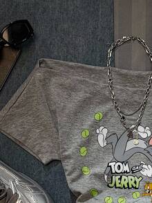 TOM & JERRY X SHEIN SHEIN EZwear 女款抓皺腰方領修身卡通印花T恤，適合夏季街頭穿搭與度假 - 淺灰色 - 查看 3
