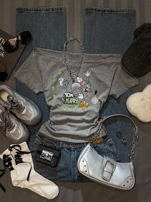 TOM & JERRY X SHEIN SHEIN EZwear 女款抓皺腰方領修身卡通印花T恤，適合夏季街頭穿搭與度假 - 淺灰色 - 查看 1