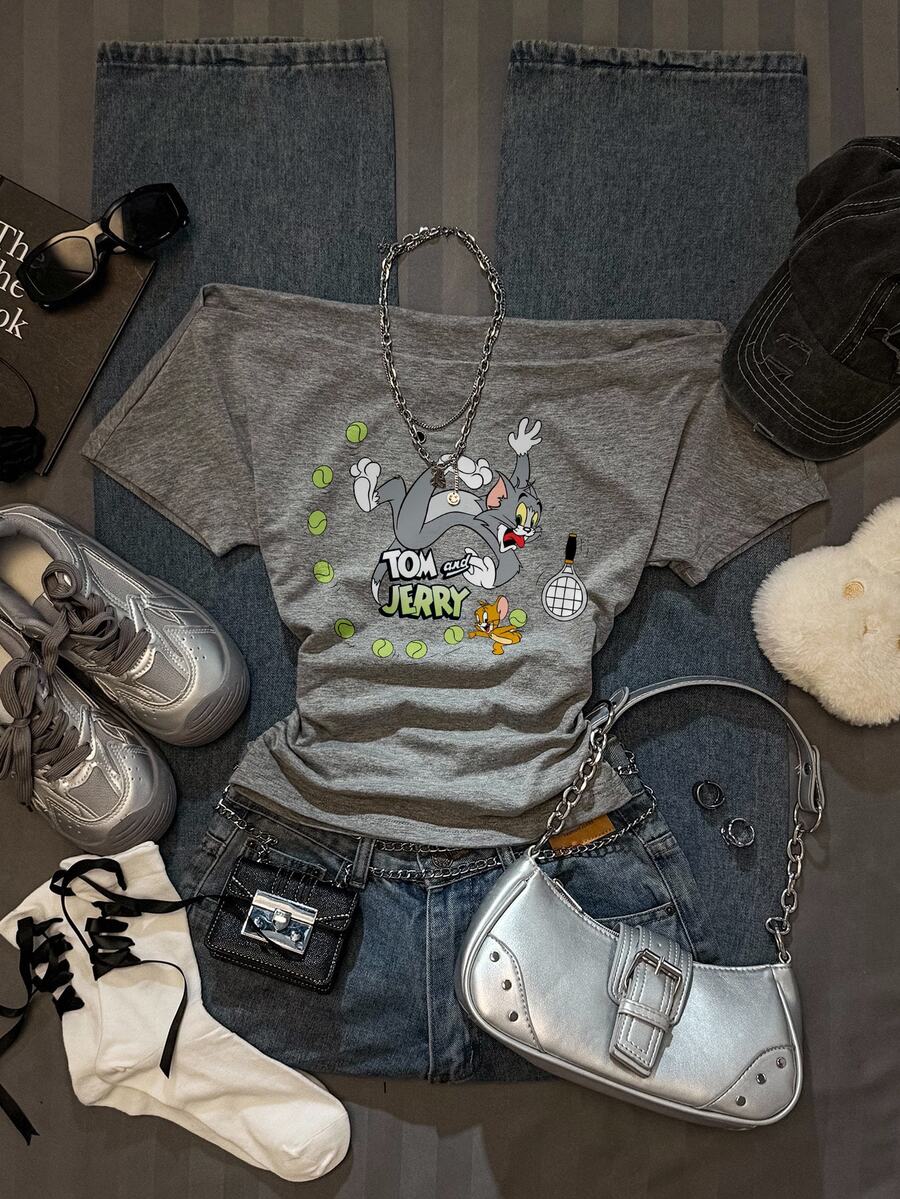 TOM & JERRY X SHEIN SHEIN EZwear 女款抓皺腰方領修身卡通印花T恤,適合夏季街頭穿搭與度假 - 淺灰色 - 查看 1