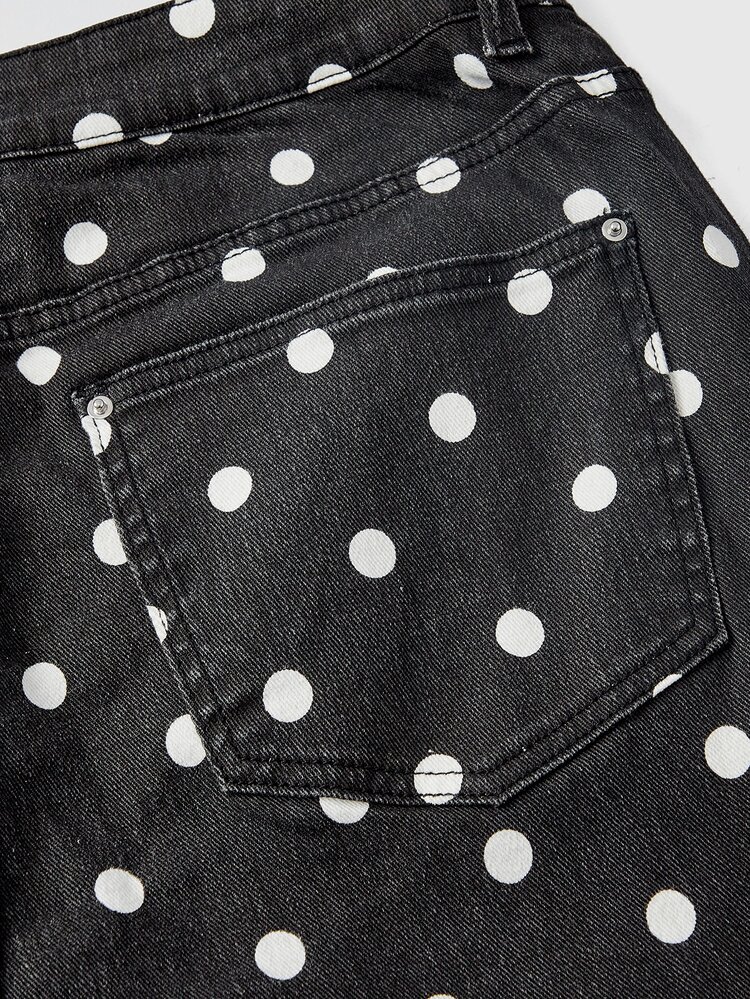 ROMWE Vintage Black & White Polka Dot Print Y2K Plus Size Fitted Denim Mid-Length Pants - Multicolor - View 3