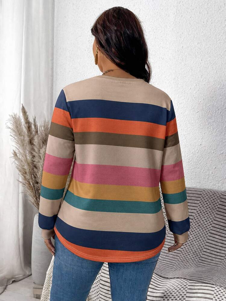 EMERY ROSE Casual Minimalist Colorblock Striped Print Plus Size Crew Neck Loose Sweatshirt, Autumn/Winter - White - View 2
