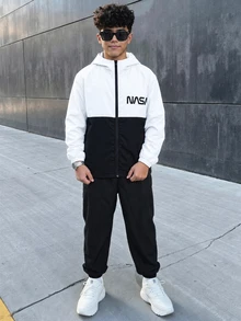 2pcs Teen Boy Casual Sports Pattern Colorblock Hooded Jacket & Pants Set, Suitable For Commuting, School, Daily Wear, Vacation, Travel, Sports, Autumn/Winter - Black and White - View 4