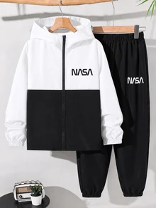 2pcs Teen Boy Casual Sports Pattern Colorblock Hooded Jacket & Pants Set, Suitable For Commuting, School, Daily Wear, Vacation, Travel, Sports, Autumn/Winter - Black and White - View 6