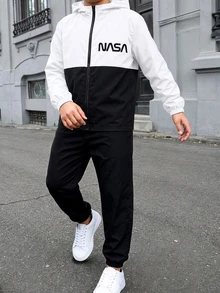 2pcs Teen Boy Casual Sports Pattern Colorblock Hooded Jacket & Pants Set, Suitable For Commuting, School, Daily Wear, Vacation, Travel, Sports, Autumn/Winter - Black and White - View 2