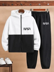 2pcs Teen Boy Casual Sports Pattern Colorblock Hooded Jacket & Pants Set, Suitable For Commuting, School, Daily Wear, Vacation, Travel, Sports, Autumn/Winter - Black and White - View 5