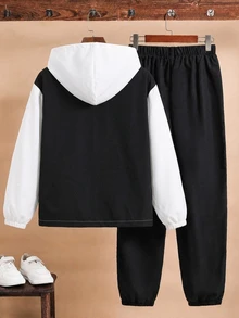 2pcs Teen Boy Casual Sports Pattern Colorblock Hooded Jacket & Pants Set, Suitable For Commuting, School, Daily Wear, Vacation, Travel, Sports, Autumn/Winter - Black and White - View 3