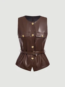 SHEIN MOD Women's Solid Color PU Leather Single-Breasted Thin Blazer Vest - Brown - View 3
