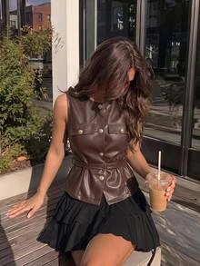 SHEIN MOD Women's Solid Color PU Leather Single-Breasted Thin Blazer Vest - Brown - View 1