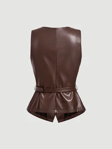 SHEIN MOD Women's Solid Color PU Leather Single-Breasted Thin Blazer Vest - Brown - View 4