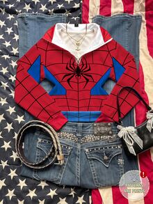 SHEIN EZwear Women's Red Spider Print Pattern Wide Grey Loose Half-Zip High Neck Lightweight Pullover Sweatshirt, Suitable For Halloween, Movie Date, Friends Gathering - Multicolor - View 4