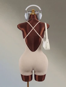 Mistrie Sexy Backless Halter Neck Slim Fit Athletic Romper, Summer - Khaki - View 2