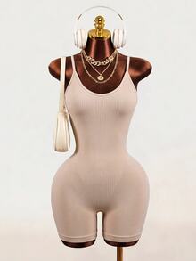 Mistrie Sexy Backless Halter Neck Slim Fit Athletic Romper, Summer - Khaki - View 15
