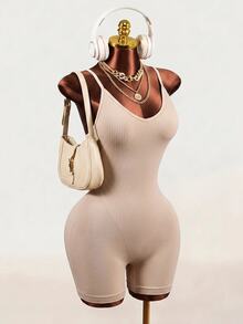Mistrie Sexy Backless Halter Neck Slim Fit Athletic Romper, Summer - Khaki - View 14