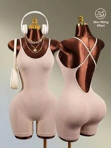Mistrie Sexy Backless Halter Neck Slim Fit Athletic Romper, Summer - Khaki - View 10