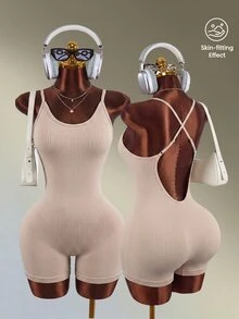Mistrie Sexy Backless Halter Neck Slim Fit Athletic Romper, Summer - Khaki - View 1