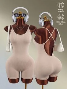 Mistrie Sexy Backless Halter Neck Slim Fit Athletic Romper, Summer - Khaki - View 5