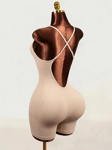 Mistrie Sexy Backless Halter Neck Slim Fit Athletic Romper, Summer - Khaki - View 11