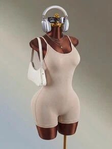Mistrie Sexy Backless Halter Neck Slim Fit Athletic Romper, Summer - Khaki - View 9