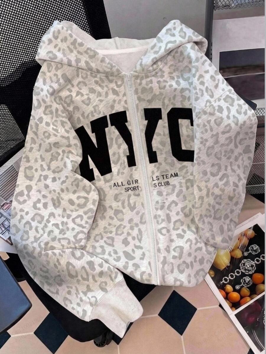 SHEIN Tween Girls Knitted Leopard Print Pattern Hooded Open Front Sweatshirt - Grey - View 1