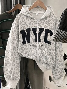 SHEIN Tween Girls Knitted Leopard Print Pattern Hooded Open Front Sweatshirt - Grey - View 2